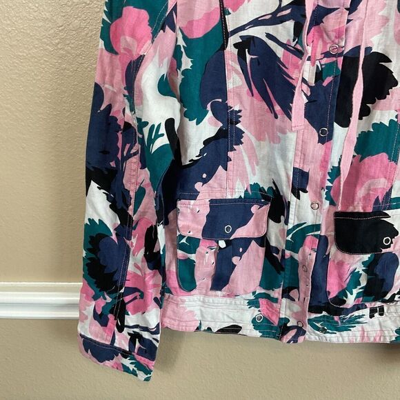 Yest Women Pink White Blue Floral Jacket 8 M All Linen Full Zip Button Hood H2 - Picture 10 of 12